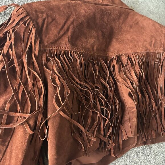 1970s Brown Suede Fringe Jacket Cropped Western Boho Leather Festival Women’s L - Picture 3 of 16